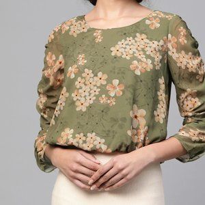 Olive Green & Beige Floral Georgette Blouson Top